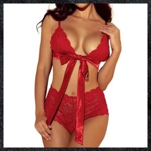 Red Tie Lace Bralette Panty Set